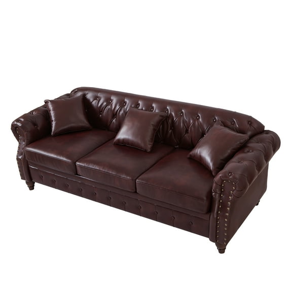 Chesterfield Faux Leather Sofa, 3 Seaters Button Tufted Couch with Storage and Nailhead Trims for Living Room Office
