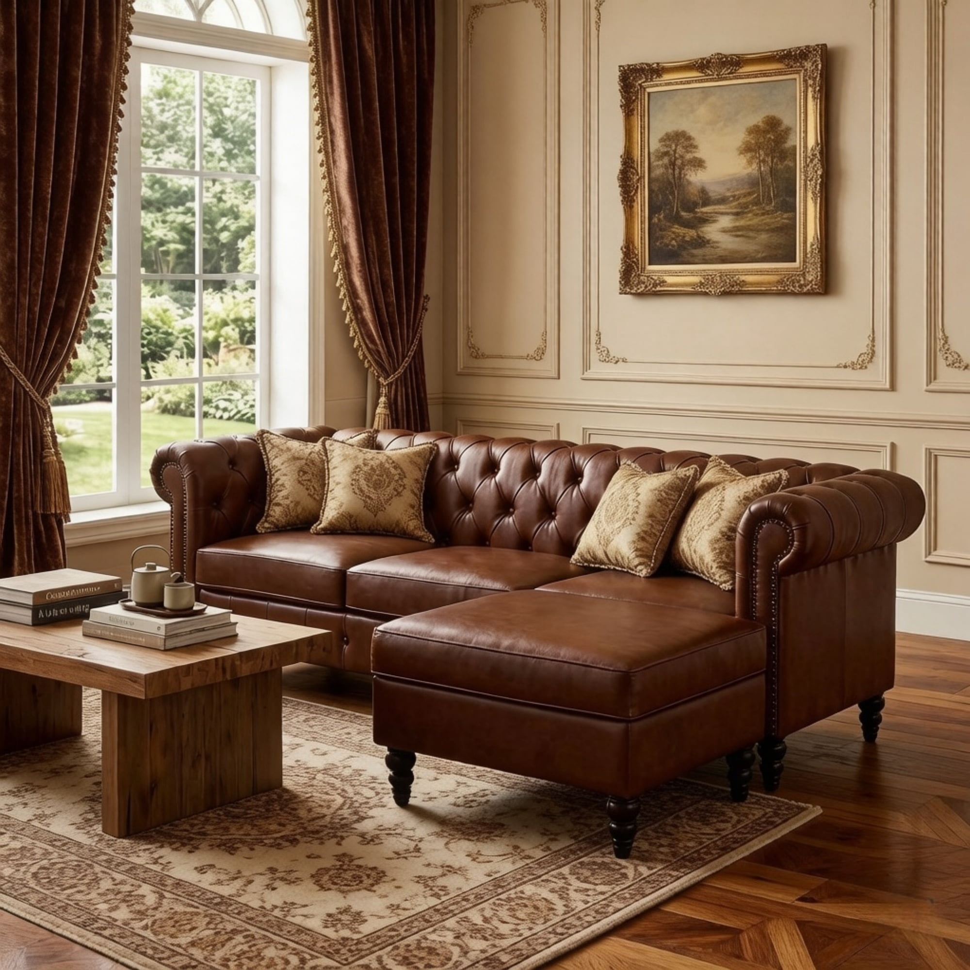 Chesterfield L-Shaped Sectional Sofa with Storage Ottoman, PU Leather 4-Seater Modular Couch with Tufted Back & Nailhead Trim