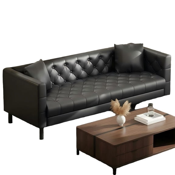 Chesterfield Leather Sofa with Deep Seat - Handmade Button Tufted Modern Couch,  81 Inch, Black