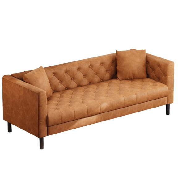 Chesterfield Leather Sofa with Deep Seat - Handmade Button Tufted Modern Couch, 81 Inch, Orange