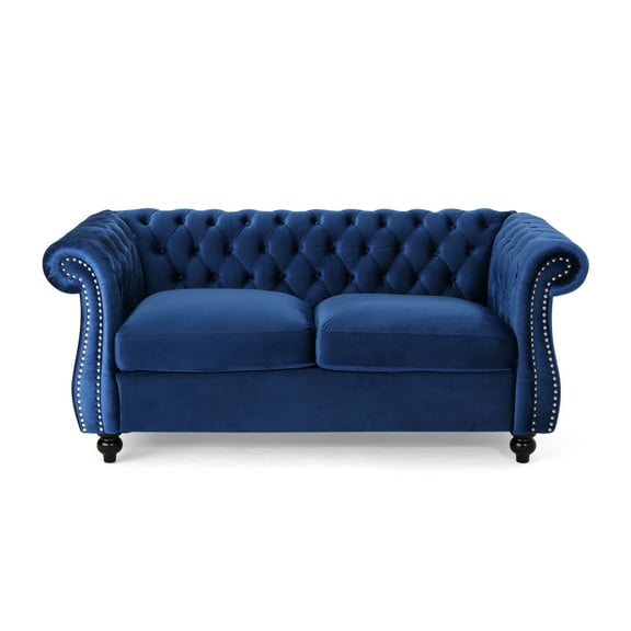 Chesterfield Loveseat Sofa in Navy Blue Velvet - Elegant Button Tufted, Rolled Arms, Nailhead Accents - 61.75" W - Perfect for Living Room, Bedroom, Office