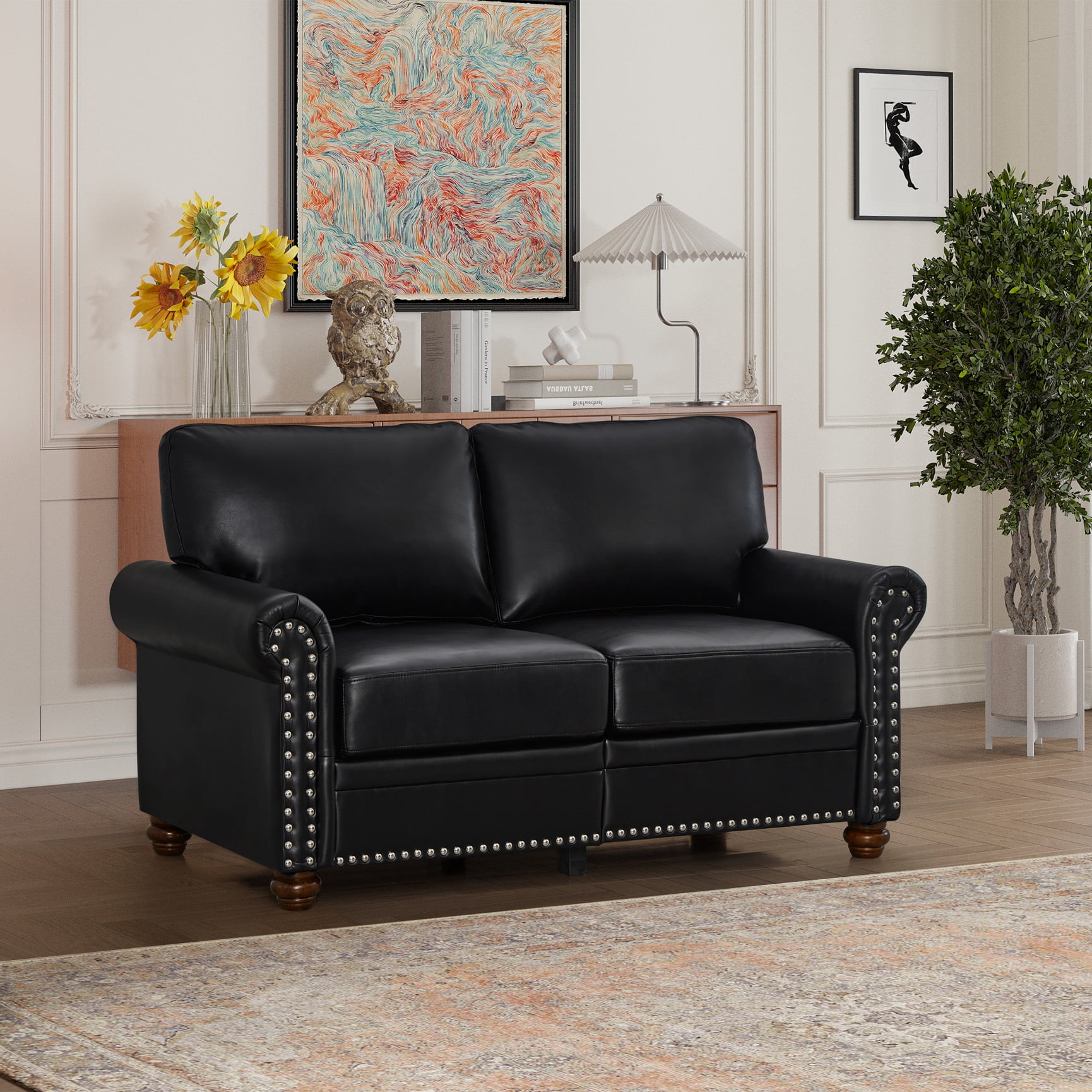 Chesterfield Loveseat Sofa with Storage 2 Seater Accent Sofa Couch with Rolled Arms, Wooden Legs & Nailhead Trim PU Leather Chesterfield Sofa for Living Room Bedroom Office, Black