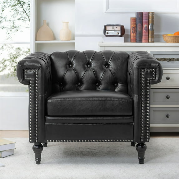 Chesterfield Luxury Leather 1 Seater Single Sofa Couch, Mid-Century Modern Couch Sofa with Removable Cushions and Rubber Wood Legs for Living Room Bedroom Apartment Black