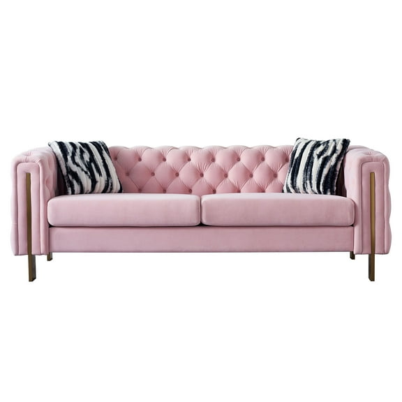 Chesterfield Modern Tufted Velvet Sofa, 84.25" Wide Luxury Couch, Classic Button-Tufted Design, Pink Velvet Upholstery, Living Room Centerpiece