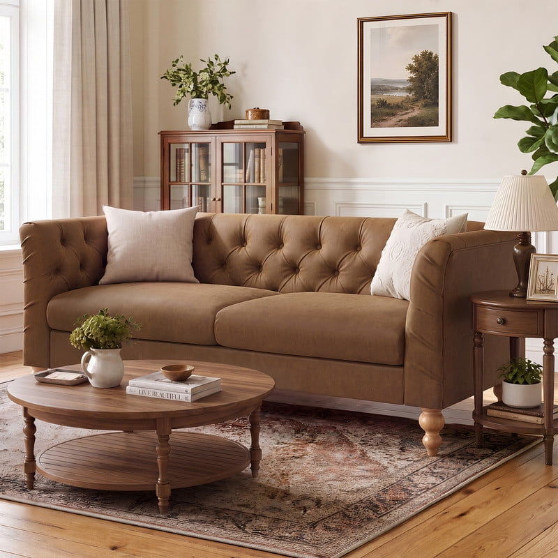 Chesterfield PU Leather 3-Seater Sofa, Upholstered Couch with Flared Arms, Tufted Back & Solid Rubber Wood Legs