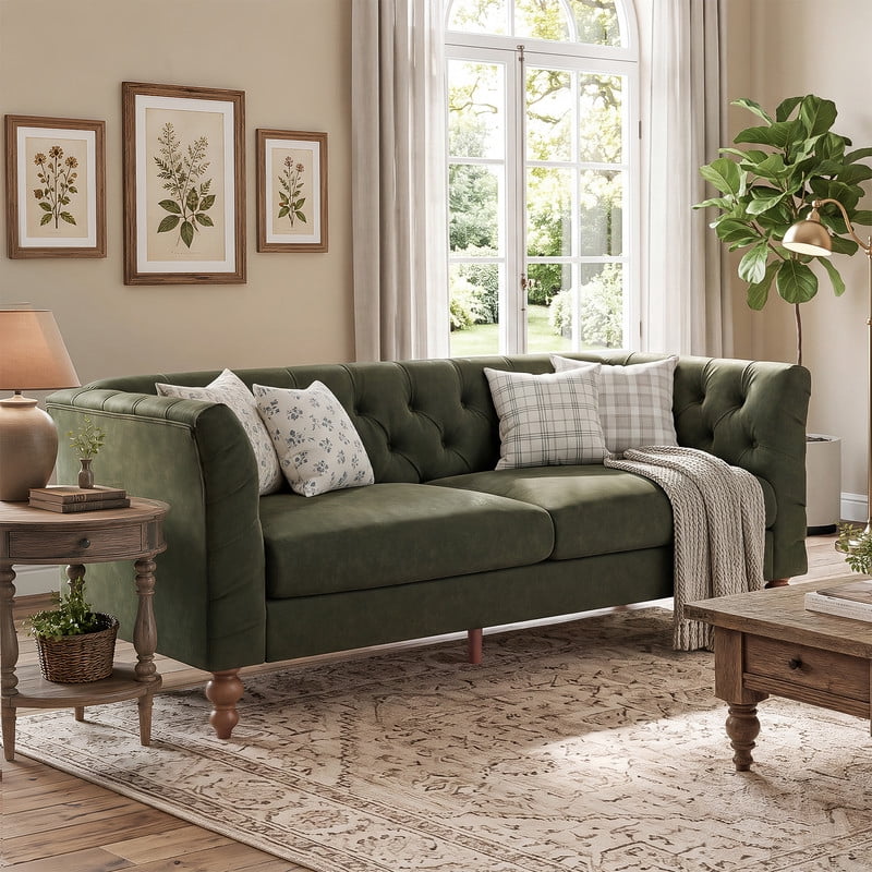 Chesterfield PU Leather 3-Seater Sofa, Upholstered Couch with Flared Arms, Tufted Back & Solid Rubber Wood Legs