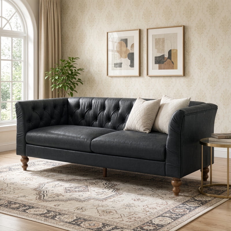 Chesterfield PU Leather 3-Seater Sofa, Upholstered Couch with Flared Arms, Tufted Back & Solid Rubber Wood Legs