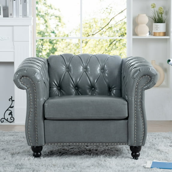 Chesterfield PU Single Sofa, Modern Tufted 1 Seater Sofa with Rolled Arms and Nailhead, Oversized Comfy Sofa Chair with Tapered Wood Legs for Living Room, Bedroom, Office, Apartment, Gray