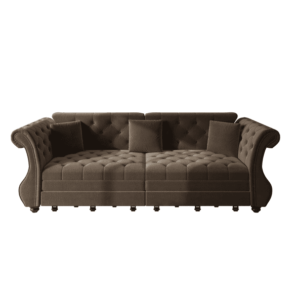 Chesterfield Pull Out Convertible Sofa Bed, Classic Flower Tufted Velvet Loveseat Sleeper Couch With Roll Arms and Pillows, for Living Room Apartment Office