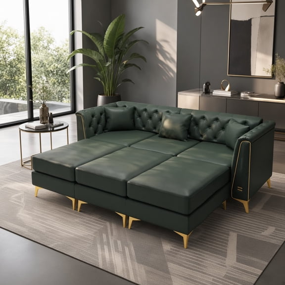 Chesterfield Sofa with 3 Ottomans, Faux Leather 3-Seater Button Tufted Couch, Metal Trim Arms & Thin Legs, 3 Pillows, for Living Room Apartment, Green