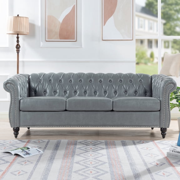 Chesterfield Sofa 3 Seater Couch,Classic Rolled Arm Tufted PU Leather Sofa for Living Room,Office and Apartment,Mid Century Modern Design with Nailhead Trim and Sturdy Birch Legs,Gray