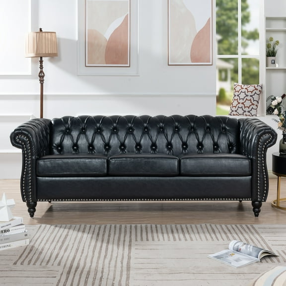 Chesterfield Sofa 3 Seater Couch,Classic Rolled Arm Tufted PU Leather Sofa for Living Room,Office and Apartment,Mid Century Modern Design with Nailhead Trim and Sturdy Birch Legs,Black