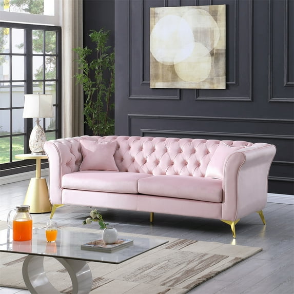 Chesterfield Sofa,3-Seater Sofa with Flared Arms and Removable Cushions,Upholstered Buttom Tufted Sofa with Gold Metal Legs and 2 Pillows,Mid-Century Modern Sofa Couch for Living Room Apartment,Pink