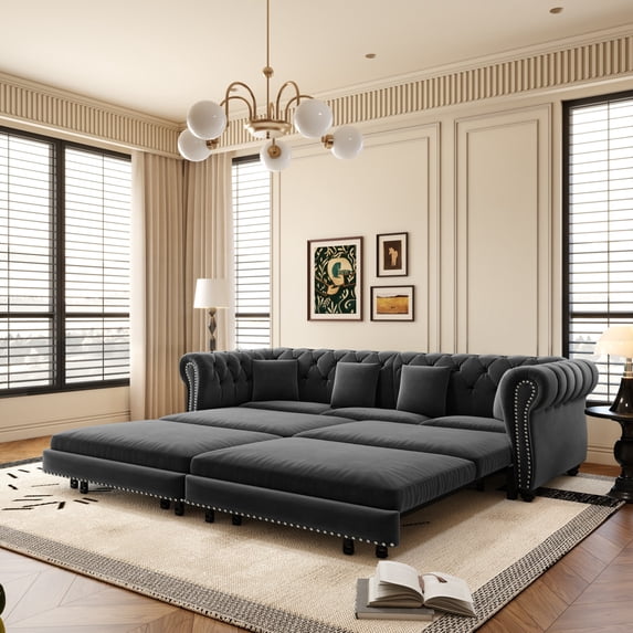 Chesterfield Sofa, 89 " W 3-In-1 Pull-Out Sofa Bed, Convertible Sleeper Sofa Bed, King Size Sofa Bed, Chaise Lounge, Velvet 3-Seater Sofa with Movable Ottoman, Tufted Design (Gray)