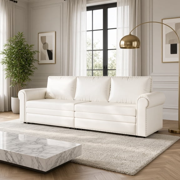 Chesterfield Sofa, 93.7" King Pull Out Sofa Bed, 3-in-1 Faux Leather Convertible Sleeper with Nailhead Trim & Rolled Arms, Beige&White
