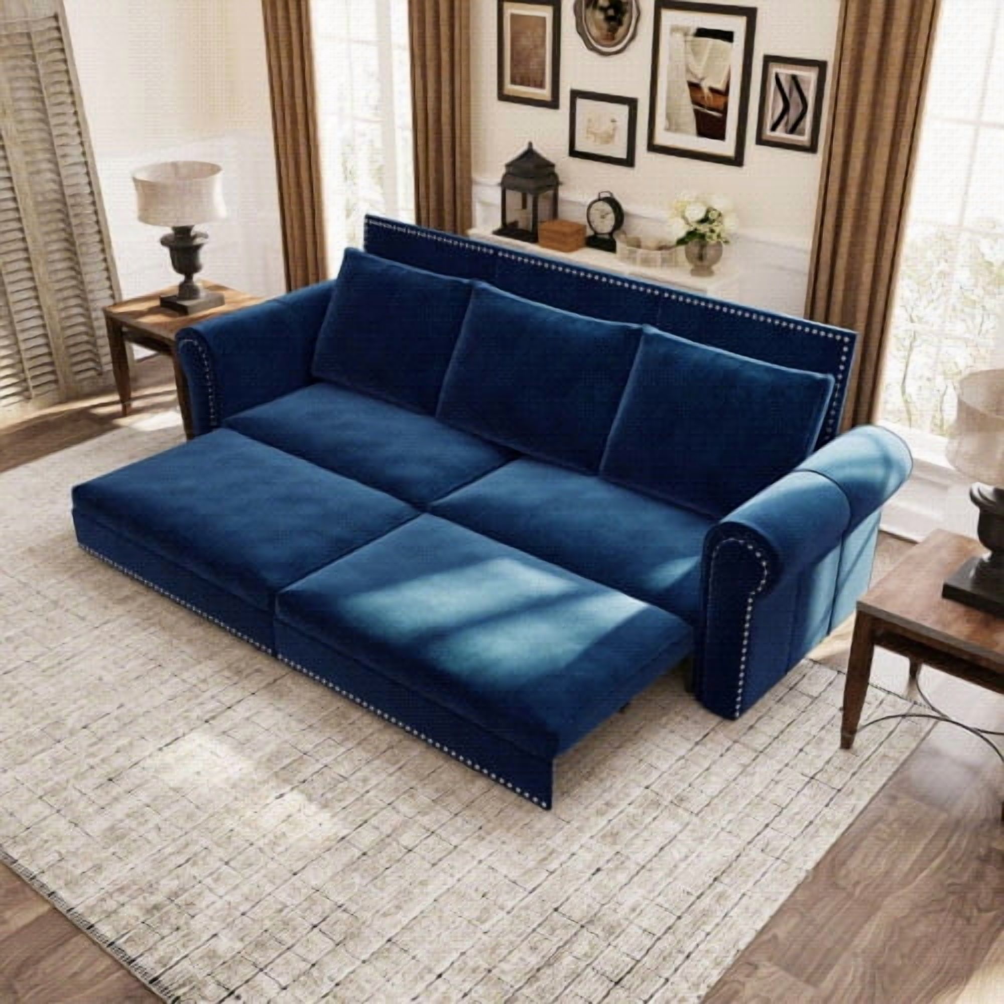 Chesterfield Sofa,93.7" King Pull Out Sofa Bed,3-in-1 Faux Leather Convertible Sleeper Sofa with Nailhead Trim & Rolled Arm,Multi-Functional Sofa Bed for Living Room, Bedroom, Blue