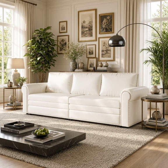 Chesterfield Sofa, 93.7" King Pull Out Sofa Bed, 3-in-1 Faux Leather Convertible Sleeper Sofa with Nailhead Trim & Rolled Arm, Multi-Functional Sofa Bed for Living Room Apartment Office, Beige+White