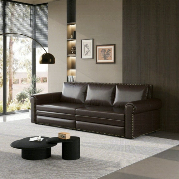 Chesterfield Sofa,93.7" King Pull Out Sofa Bed, 3-in-1 Faux Leather Convertible Sleeper Sofa with Nailhead Trim & Rolled Arm,Multi-Functional Sofa Bed for Living Room,Dark Brown