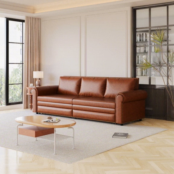 ChenyueFurn Traditional Faux Leather Nailhead Trim Sleeper Sofa, Light Brown