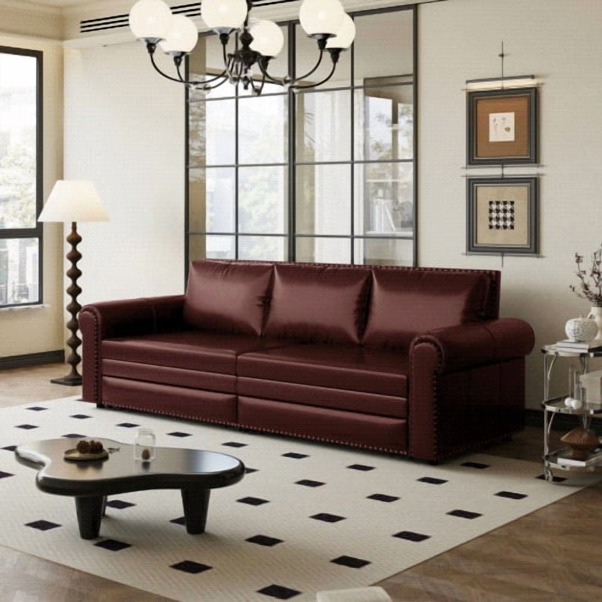 Chesterfield Sofa,93.7" King Pull Out Sofa Bed,3-in-1 Faux Leather Convertible Sleeper Sofa with Nailhead Trim & Rolled Arm,Multi-Functional Sofa Bed for Living Room, Bedroom, Burgundy