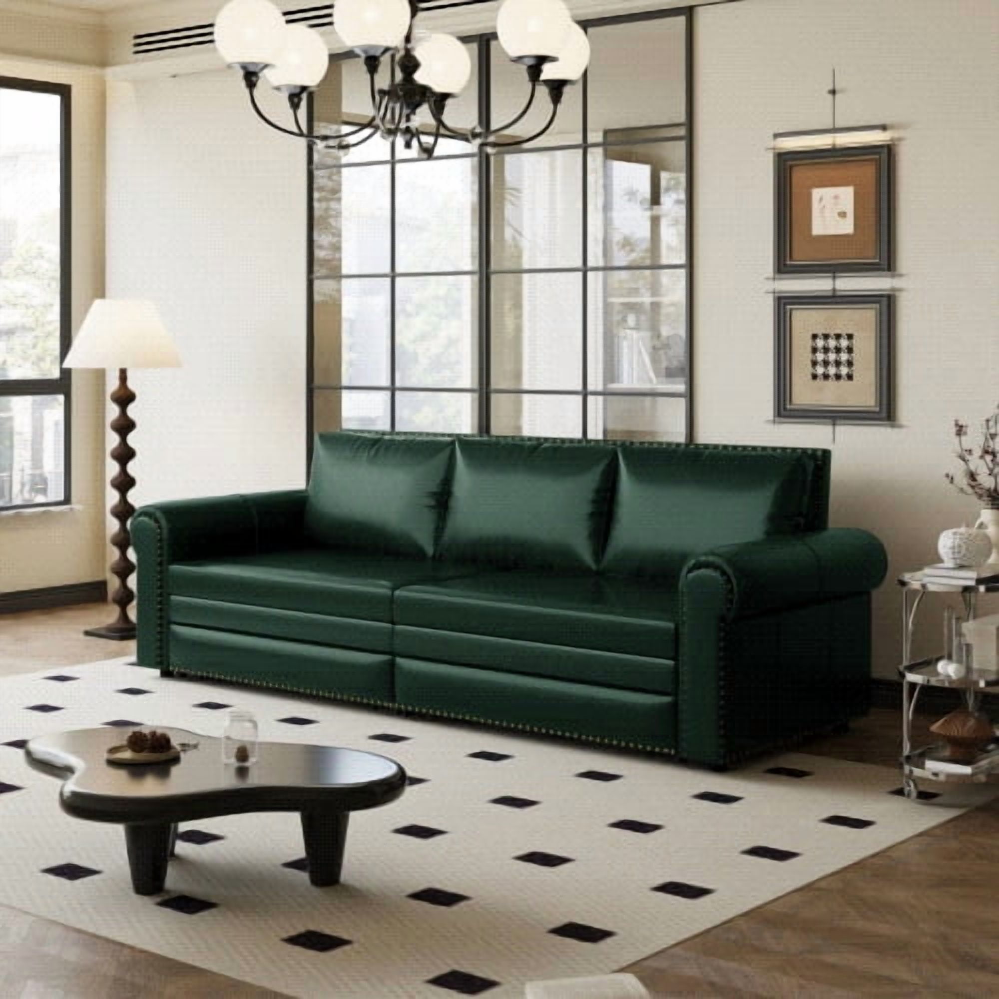 Chesterfield Sofa,93.7" King Pull Out Sofa Bed,3-in-1 Faux Leather Convertible Sleeper Sofa with Nailhead Trim & Rolled Arm,Multi-Functional Sofa Bed for Living Room, Bedroom, Green