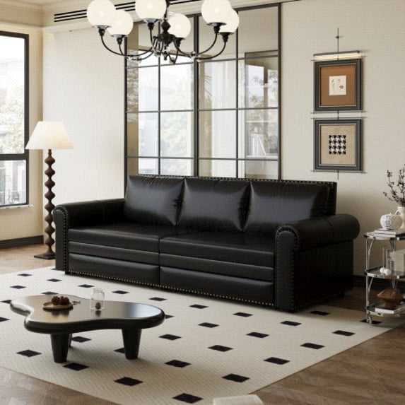 Chesterfield Sofa,93.7" King Pull Out Sofa Bed, 3-in-1 Faux Leather Convertible Sleeper Sofa with Nailhead Trim & Rolled Arm,Multi-Functional Sofa Bed for Living Room,Office,Balck