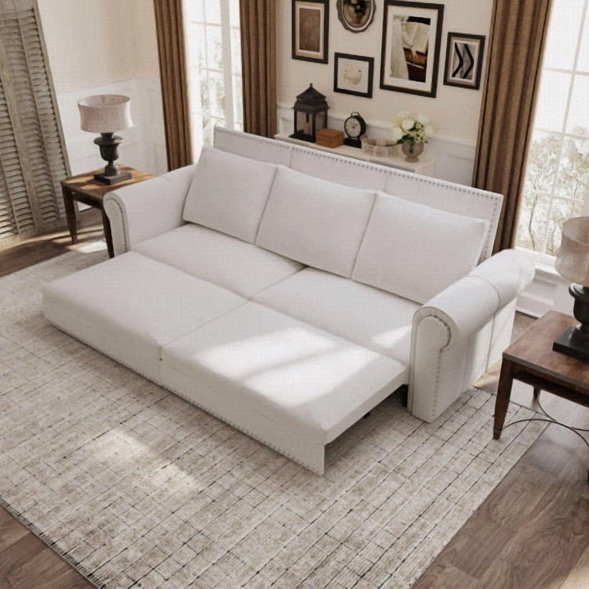 Chesterfield Sofa,93.7" King Pull Out Sofa Bed,3-in-1 Velvet Convertible Sleeper Sofa with Nailhead Trim & Rolled Arm,Multi-Functional Sofa Bed for Living Room, Bedroom, Beige