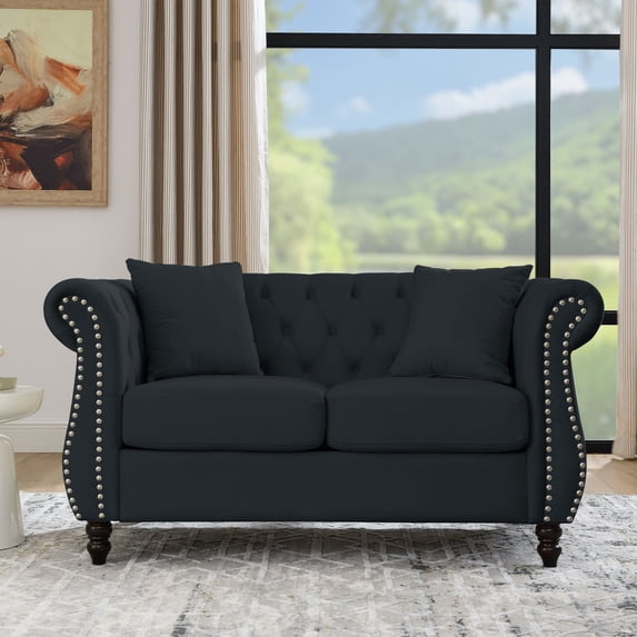 Chesterfield Velvet Loveseat Sofa with 2 Pillows, Classic 2 Seater Tufted Couch with Rolled Arms and Nailhead, Leisure Sofa Couch for Living Room, Bedroom, Office, Apartment, Black