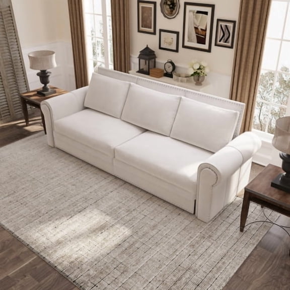 Chesterfield Sofa Bed, 93.7" King Size Pull Out Sleeper, 3-in-1 Faux Leather Convertible Sofa with Nailhead Trim, Rolled Arms, Multi-Functional Sofa for Living Room,Beige