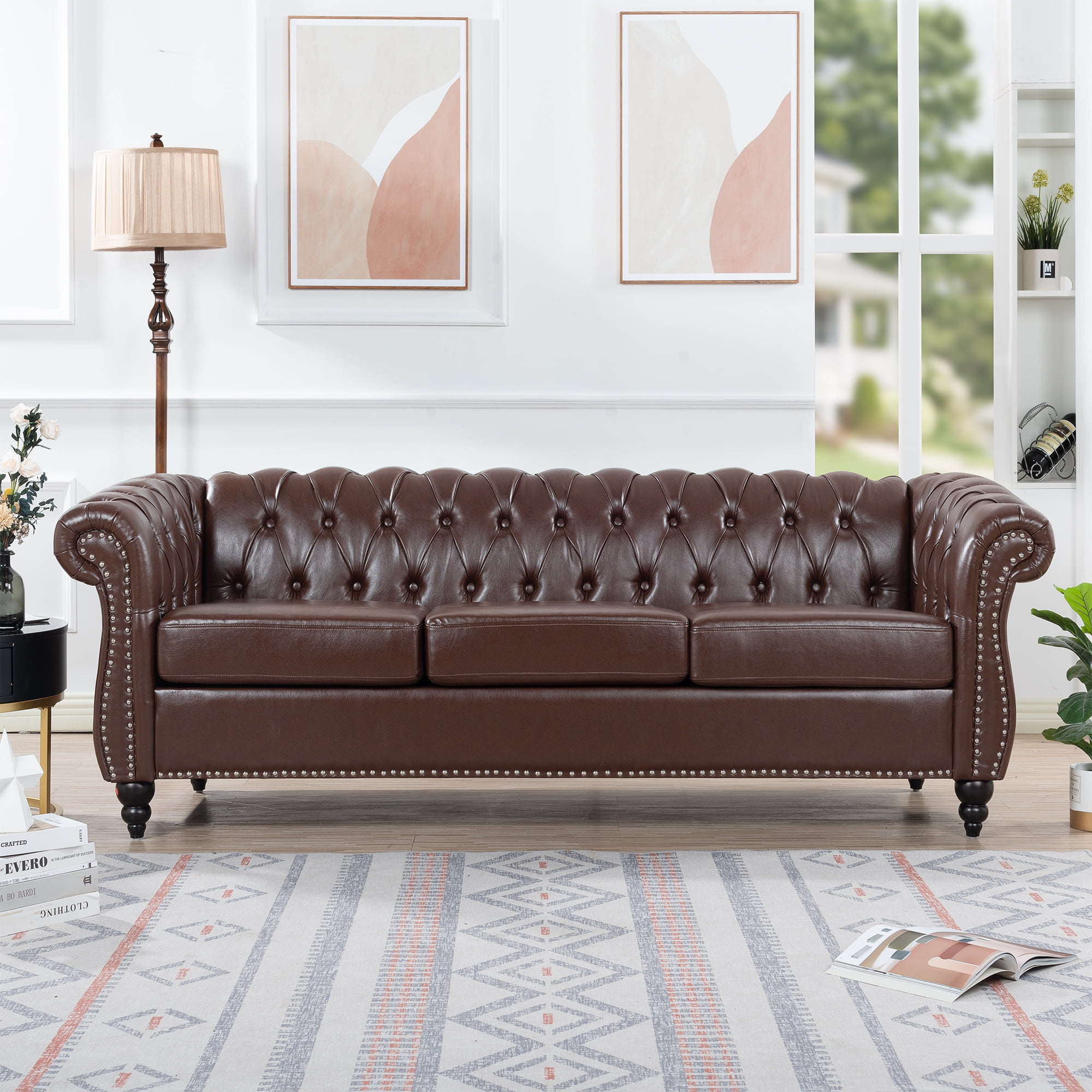 Dark Brown Chesterfield Sofa, Faux Leather, 3 Seater with
