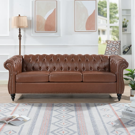 Chesterfield Sofa Couch, PU Tufted 3 Seater Sofa with Thick Cushion and Nailhead Trim, Mid-Century Rolled Arm Accent Sofa for Living Room, Bedroom, Office, Apartment, Small Space, Brown