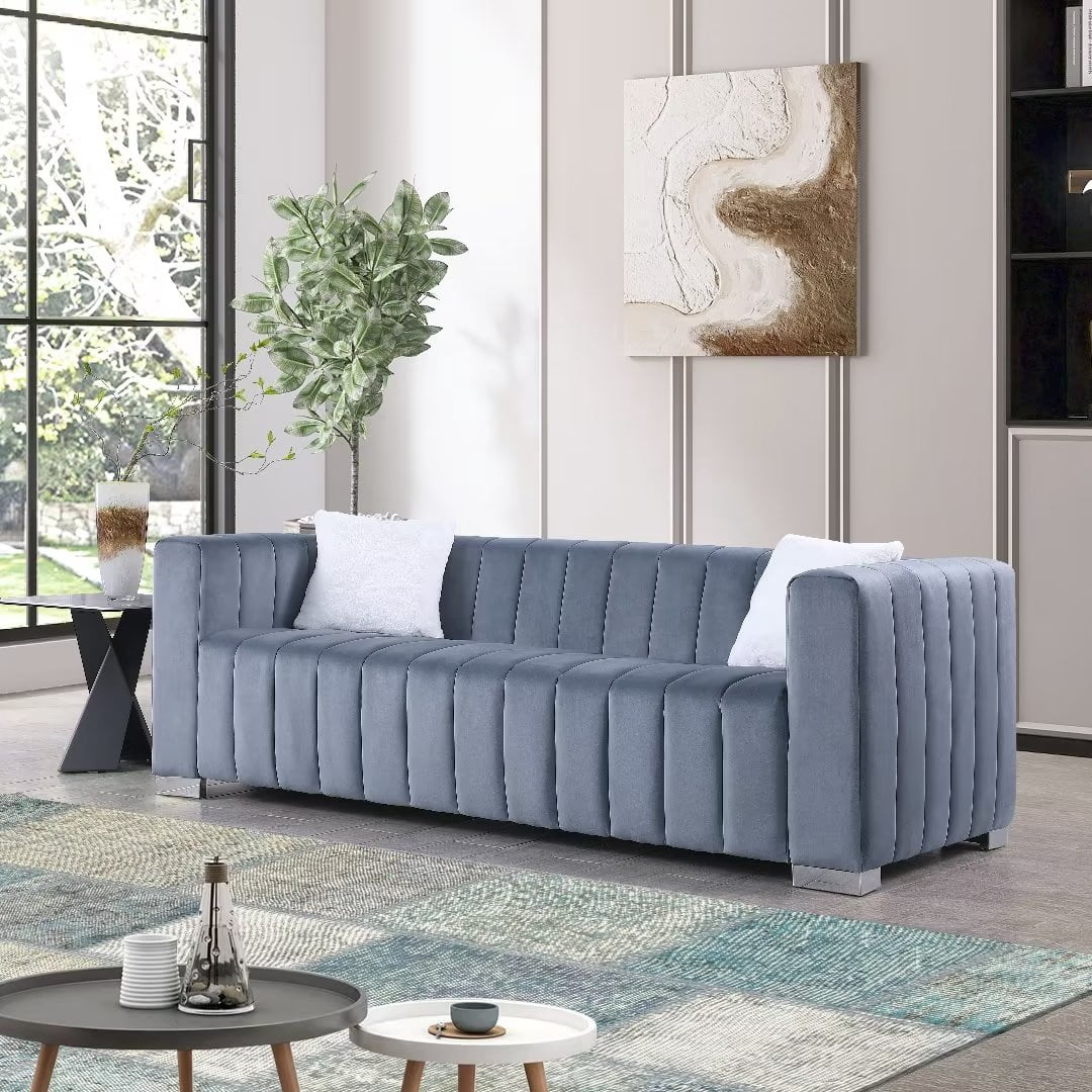 Chesterfield Sofa Couch, Velvet Channel Tufted 3 Seater Sofa with Thick ...