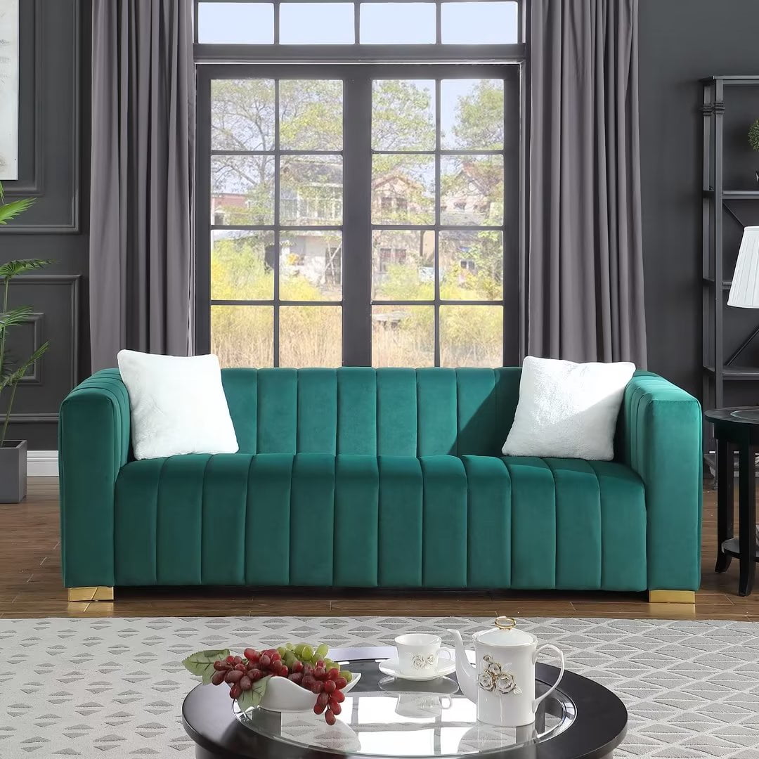 Chesterfield Sofa Couch, Velvet Channel Tufted 3 Seater Sofa with Thick ...