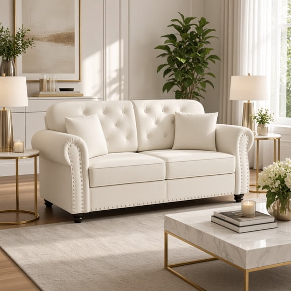 Chesterfield Sofa, Mid-Century Modern 2-Seat Velvet Loveseat with Nailhead Trim, Button Tufted Armchair with Rolled Armrests & 2 Pillows, Comfy Couch for Living Room Bedroom, Beige/White