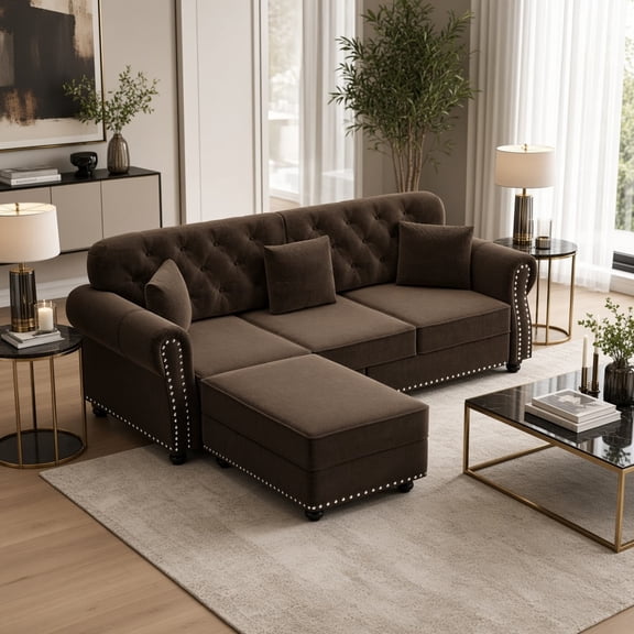 Chesterfield Sofa, Mid-Century Modern 3-Seat Velvet Couch with Nailhead Trim, Button Tufted Sofa with Rolled Armrests & 3 Pillows, Comfy Lounge Sofa for Living Room, Brown