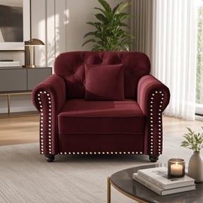 Chesterfield Sofa, Mid-Century Modern Velvet Accent Chair with Nailhead Trim, Button Tufted Armchair with Rolled Armrests & Pillow, Comfy Single Sofa for Living Room Bedroom,Burgundy