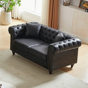 Chesterfield Sofa, Retro Style Upholstered Tufted Button Couch 2 Seater with Rolled Arms and Nailhead for Living Room, Bedroom, Office, Apartment, Black