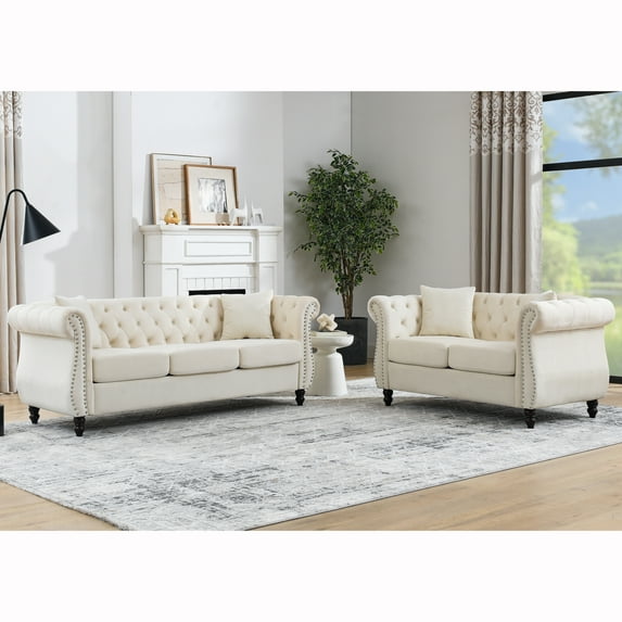 Velvet Combination Sofa with Rolled Arms and Nailhead, 3 Seater + 2 Seater Tufted Couch with 4 Pillows for Living Room, Bedroom, Office and Apartment, Beige