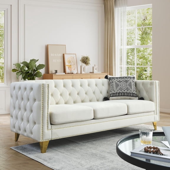 Chesterfield Sofa,Velvet 3 Seater Modern Couch with Button Tufted & Nailhead Trim, Upholstered Deep Seat Couch, Oversized Comfy Sofa for Living Room, Bedroom, Apartment, Office(80.5"W, Beige)