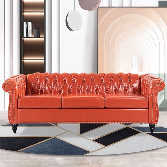 Chesterfield Sofa Orange Faux Leather Sofas for Living Room 84" Rolled Arm 3-Seater Couch Deep Button Nailhead Upholstered Couches High-End Furniture Easy to Assemble