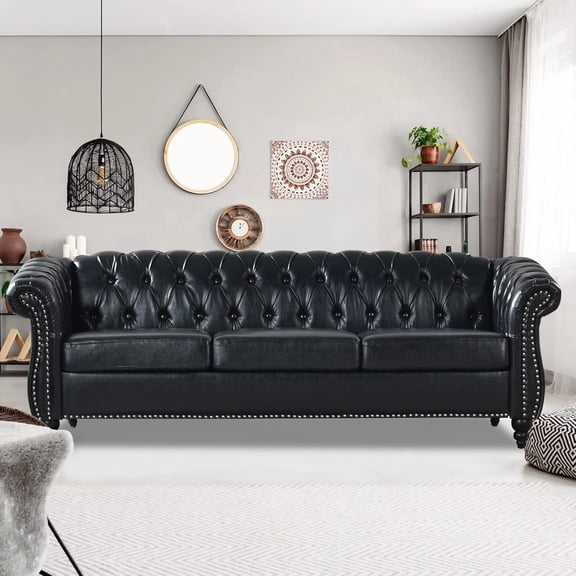 84" Chesterfield Sofa – 3-Seater Black Leather Tufted Couch with Rolled Arms, Nailhead Detailing, Upholstered for Living Room, Bedroom, Office
