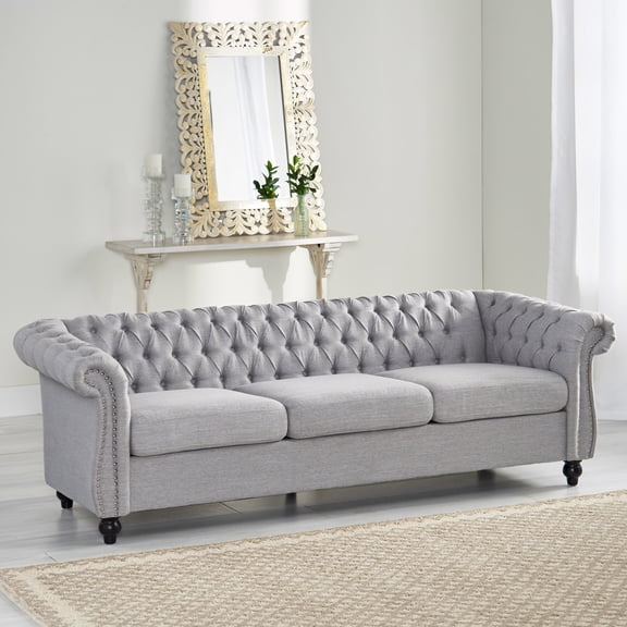 Chesterfield Style 3 Seater Sofa with Button Tufted Upholstery and Nailhead Accents for Small Living Rooms and Apartments