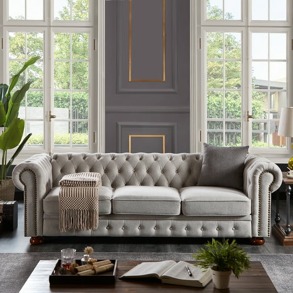 Chesterfield Tufted Sofa, 3 Seater Sofa with Rolled Arms, Nailhead Trim, Upholstered Fabric, Classic Living Room Furniture (Gray)