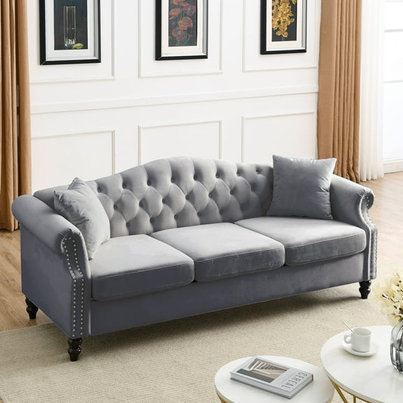 Chesterfield Upholstered Velvet Sofa, 3 Seater Button Tufted Couch with Nailhead Arms for Living Room Bedroom Office Apartment