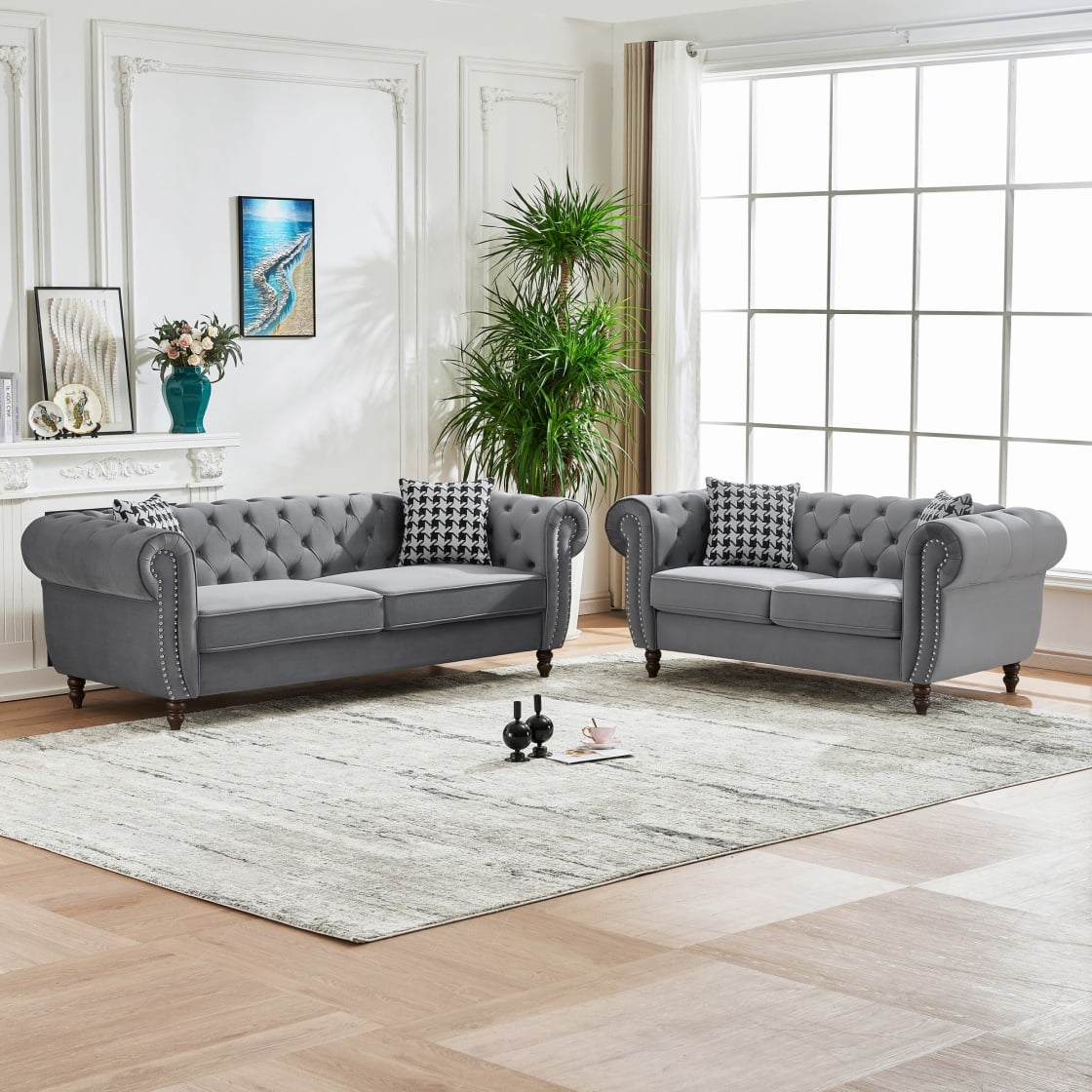 Chesterfield Velvet Sofa 3+2 Seater with Rolled Arms and Nailhead Trim ...