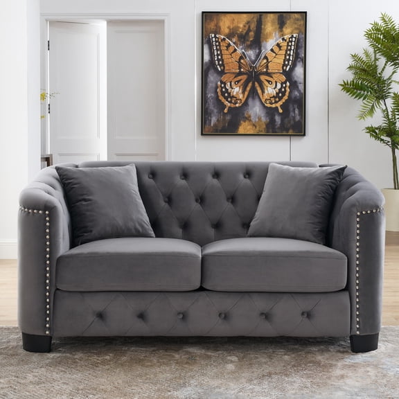 Chesterfield Velvet Sofa, 59-Inch 2-Seater Couch with Tufted Backrest and Nailhead Arms, Living Room Apartment Office, Black