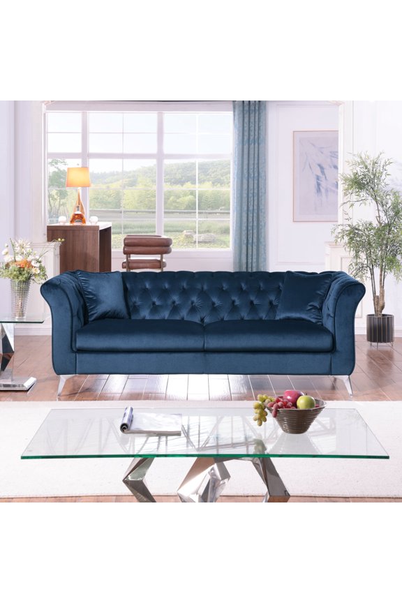 Chesterfield Velvet Sofa Button Tufted Couch With Scroll Arms and Gold Metal Legs For Living Room Office Apartment