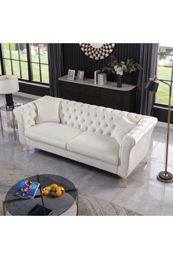 Chesterfield Velvet Sofa Button Tufted Couch With Scroll Arms and Gold Metal Legs For Living Room Office Apartment