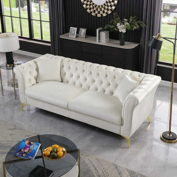 Chesterfield Velvet Sofa Button Tufted Couch With Scroll Arms and Gold Metal Legs For Living Room Office Apartment