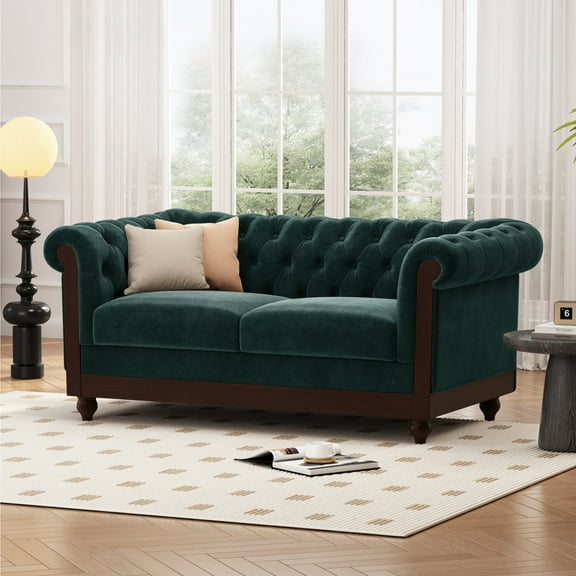 Chesterfield Velvet Tufted Love Seat with Pine Frame, Forest Green